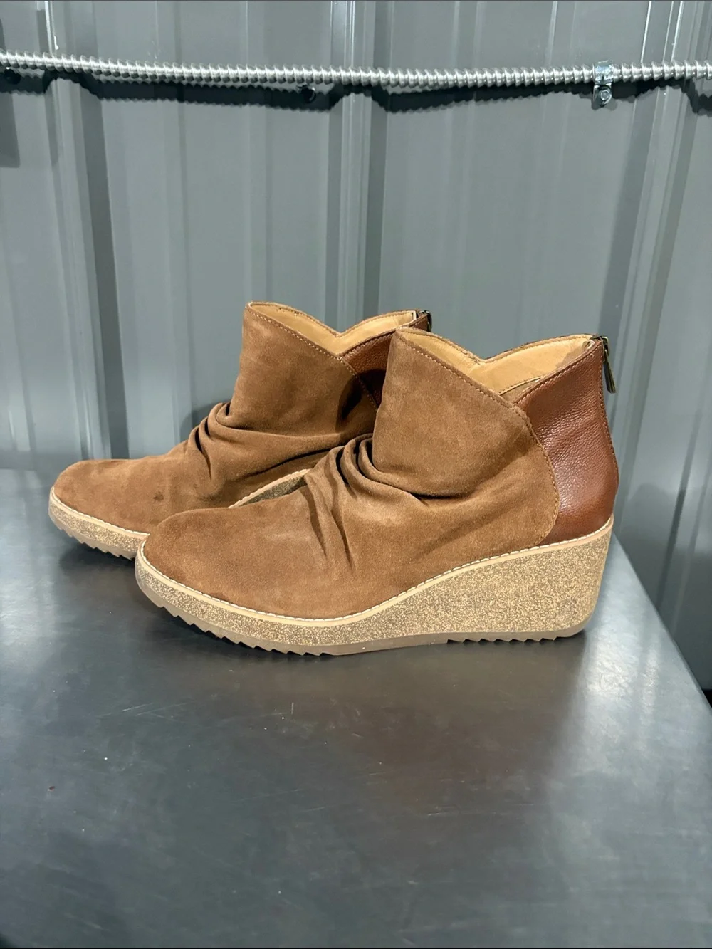 Aetrex Brown Suede Wedge Ankle Boots with Tan Cork-Look Sole